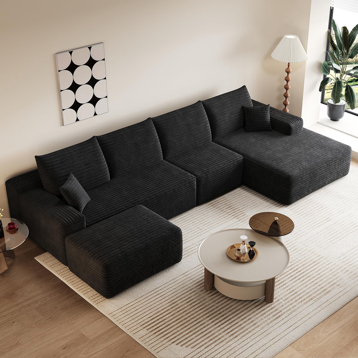 Sailvan 135" Cloud Sectional Couch, Cloudy Sofa with L-Shape Chaise & Ottoman, Upholstered Couches for Living Room & Bedroom, No Assembly Required, Plush Corduroy Fabric, Black