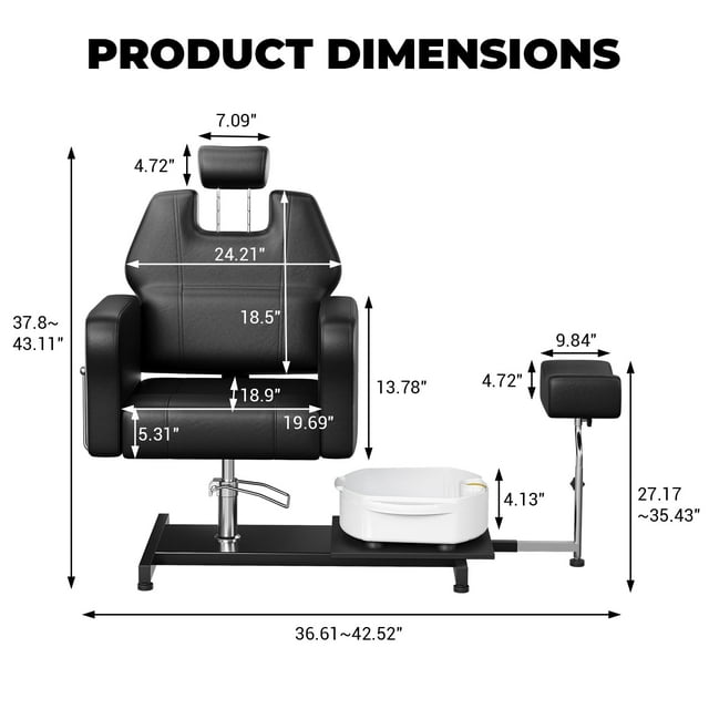 BeesClover Chaise de Pédicure Inclinable avec Tabouret, Repose-Pieds et Bassin de Massage, Unité de Pédicure Réglable en Hauteur, Chaise Pivotante Hydraulique à 360° pour Bain de Pieds, Salon de Beauté Spa