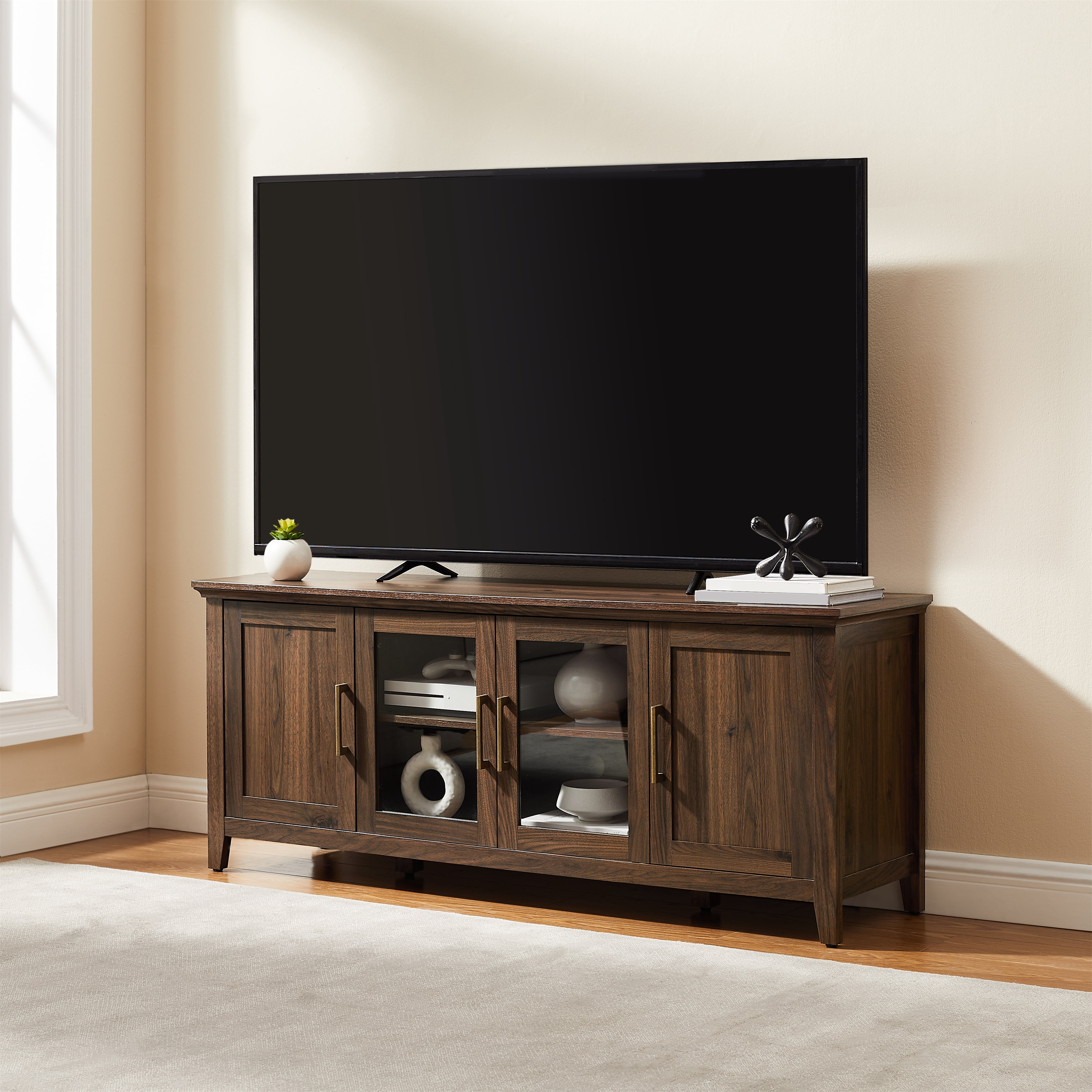 Mainstays Traditional TV Stand with Glass Doors, for TVs up to 65 in, Walnut Finish