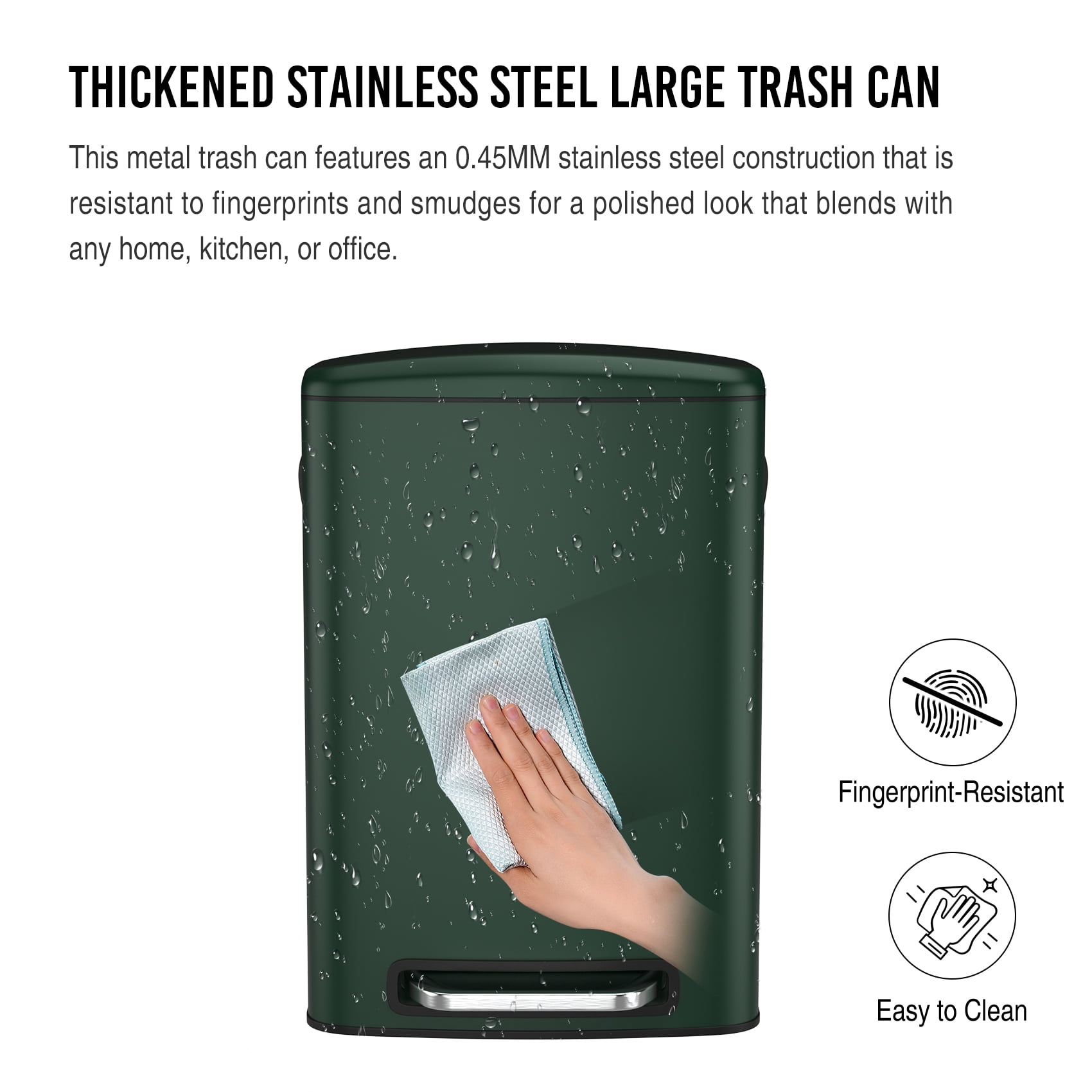 Miniyam 50L/13Gal Hands-Free Stainless Steel Trash Can with Foot Pedal, Fingerprint-Resistant Soft Close Lid Garbage Can, Green