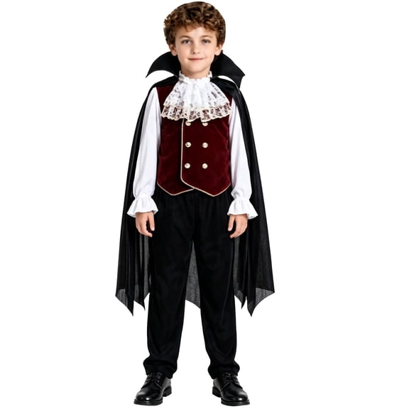GiLiling Kids Boys Halloween Vampire Charactertume Child Vampire Noble Dracula Role Play Dress up Character Party Clothes (Black, 7-8 Years)