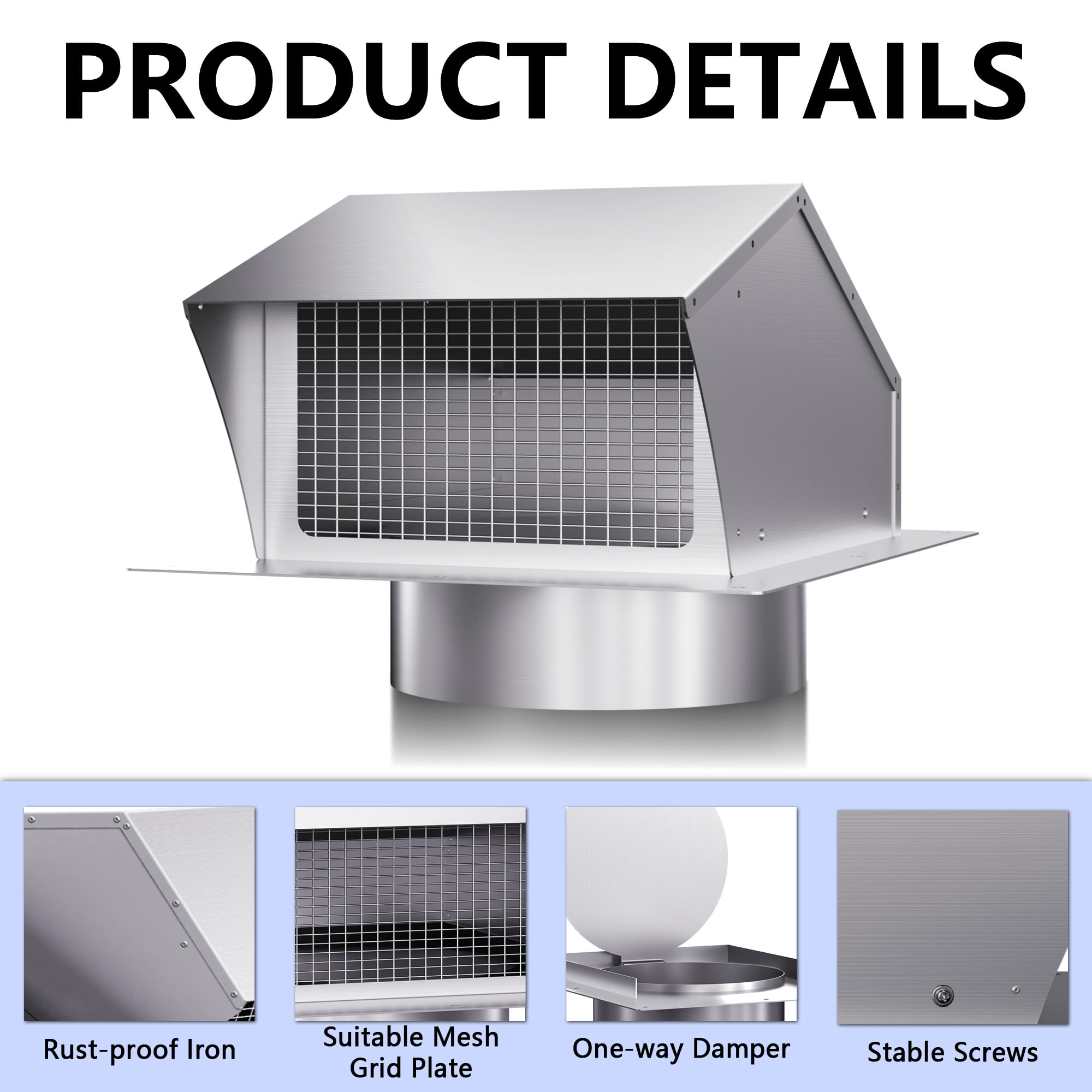 CKSFAN 10 Inch Stainless Steel Removable Roof Vent Cap with Damper - Durable Exhaust Cover for Rooftop Ventilation Systems