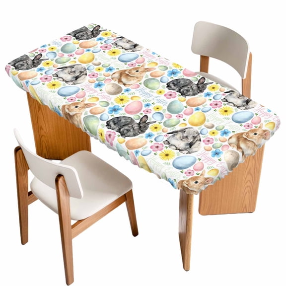 Happy Easter Table Cloths for 6 Foot Rectangle Tables, Spring Watercolor Rabbits Eggs Flower Patio Waterproof Elastic Fitted Tablecloths, Washable Rectangular Table Cover for Camping