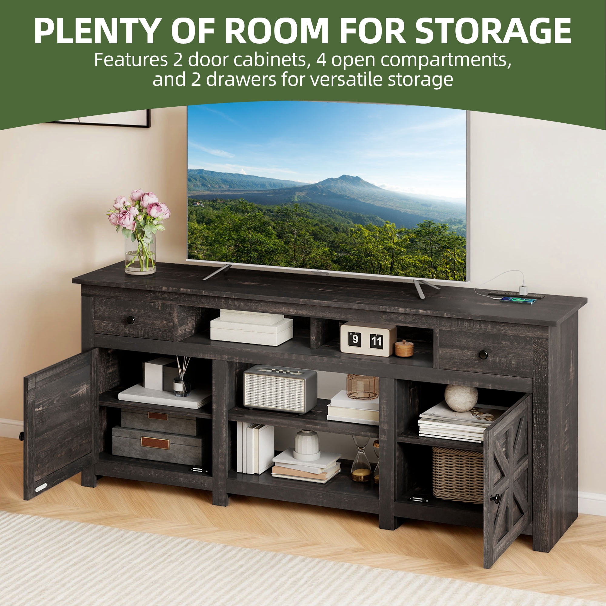 Uforic 70 Inch Modern Farmhouse TV Stand for 75/80 Inch TV with Built-in Power Outlets, 2 Cabinets & Open Compartments for Living Room, Brown
