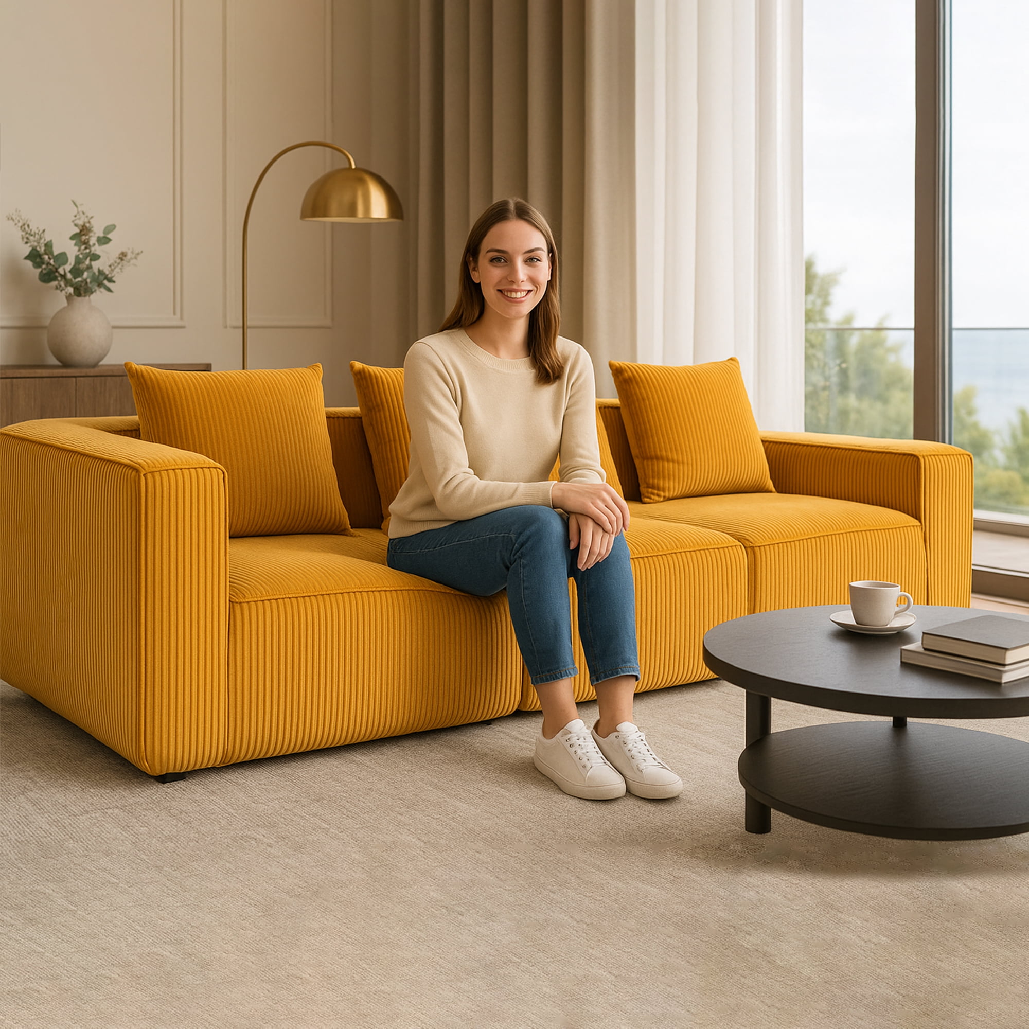 Demi Bonn 111" Modular Sectional Sofa Couchesk, Corduroy 3 Seat Couch Memory Foam Couches for Living Room, Cloud Couch, Orange