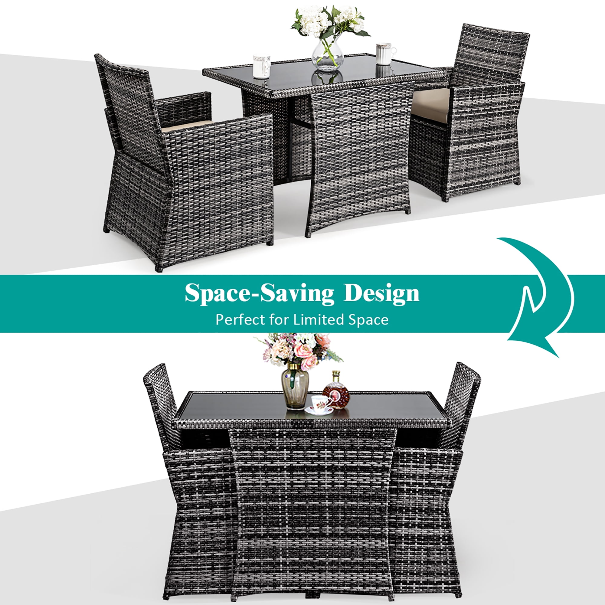 Costway 3PCS Outdoor Patio Rattan Wicker Furniture Set Armrest Sofa Cushion Mix Gary