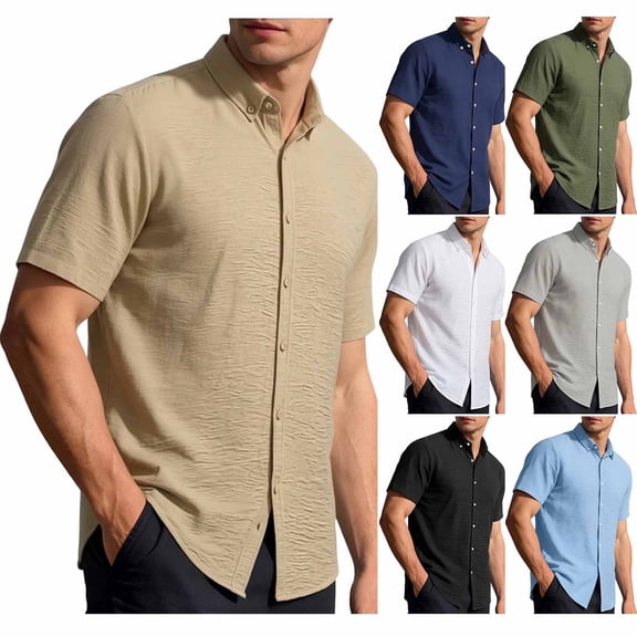 Zenithor Men's Button-Down Shirts Short Sleeve, Solid Linen Blend Casual Tops, Classic Summer Beach Workwear Clothes, M-4XL