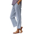 thumbnail image 3 of Linen Pants Women Elastic Waist Straight Leg Petite Beach Striped Pant Summer Casual Lounge Trousers Blue 2XL, 3 of 6