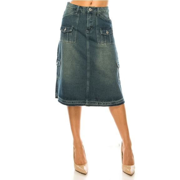 Be-Girl Mid-Waist Denim Cargo A-Line Skirt Vintage Wash Knee Length