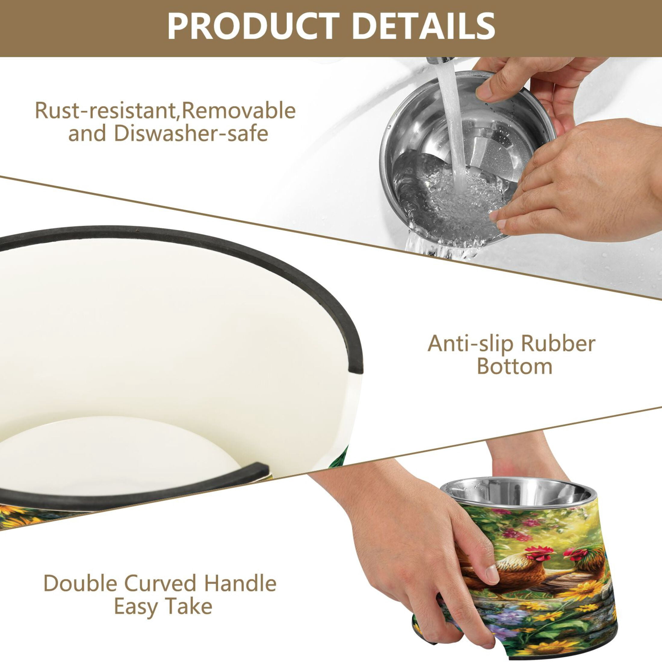 Raised Pet Bowl with Removable Stainless Steel Insert Anti-Slip No-Tip Dog Bowl for Small to Medium Pets Beautiful Rooster