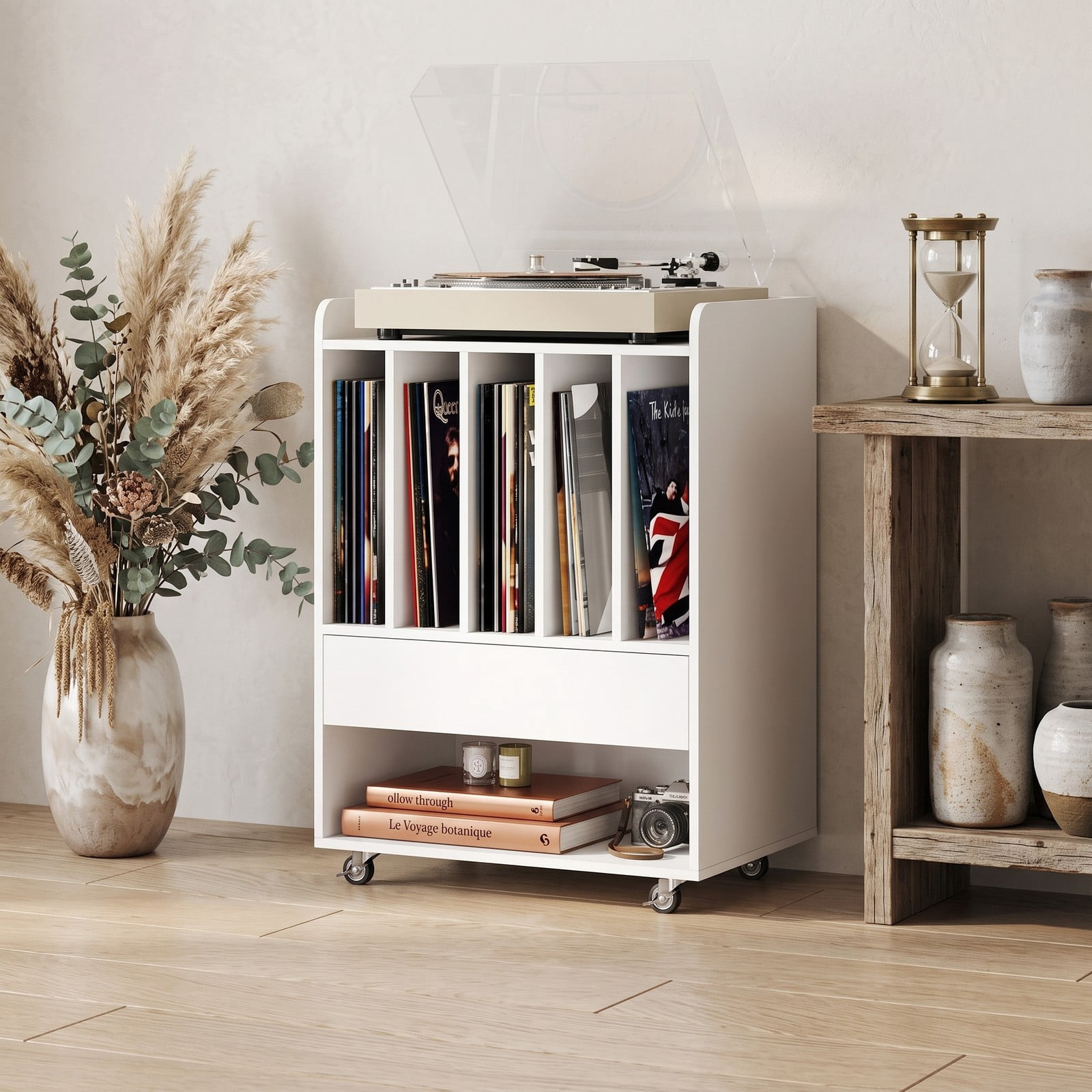 Furnibear Record Player Stand, Turntable Stand with Drawer and 5-Slot Vinyl Record Holder, Wood Media TV Stand Side Table with Rolling Lockable Wheels for, White