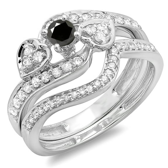 Dazzlingrock Collection 0.75 Carat (ctw) 10K Black & White Diamond Engagement Ring 3 Piece Set 3/4 CT, White Gold, Size 5.5