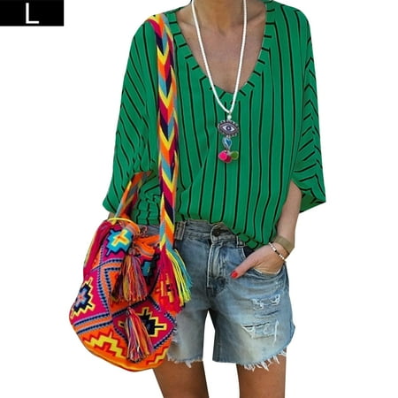 

BESTHUA Silk Striped V-neck T-shirt Top Blouse for Women