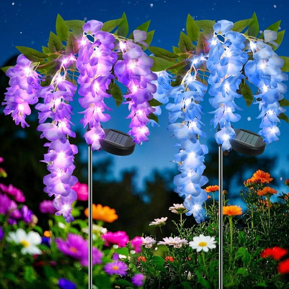 Rirool 2 Pack Solar Wisteria Flower Lights, Waterproof Solar Lights Outdoor for Garden, Patio, Yard Decor, Warm White LED, Blue and Purple