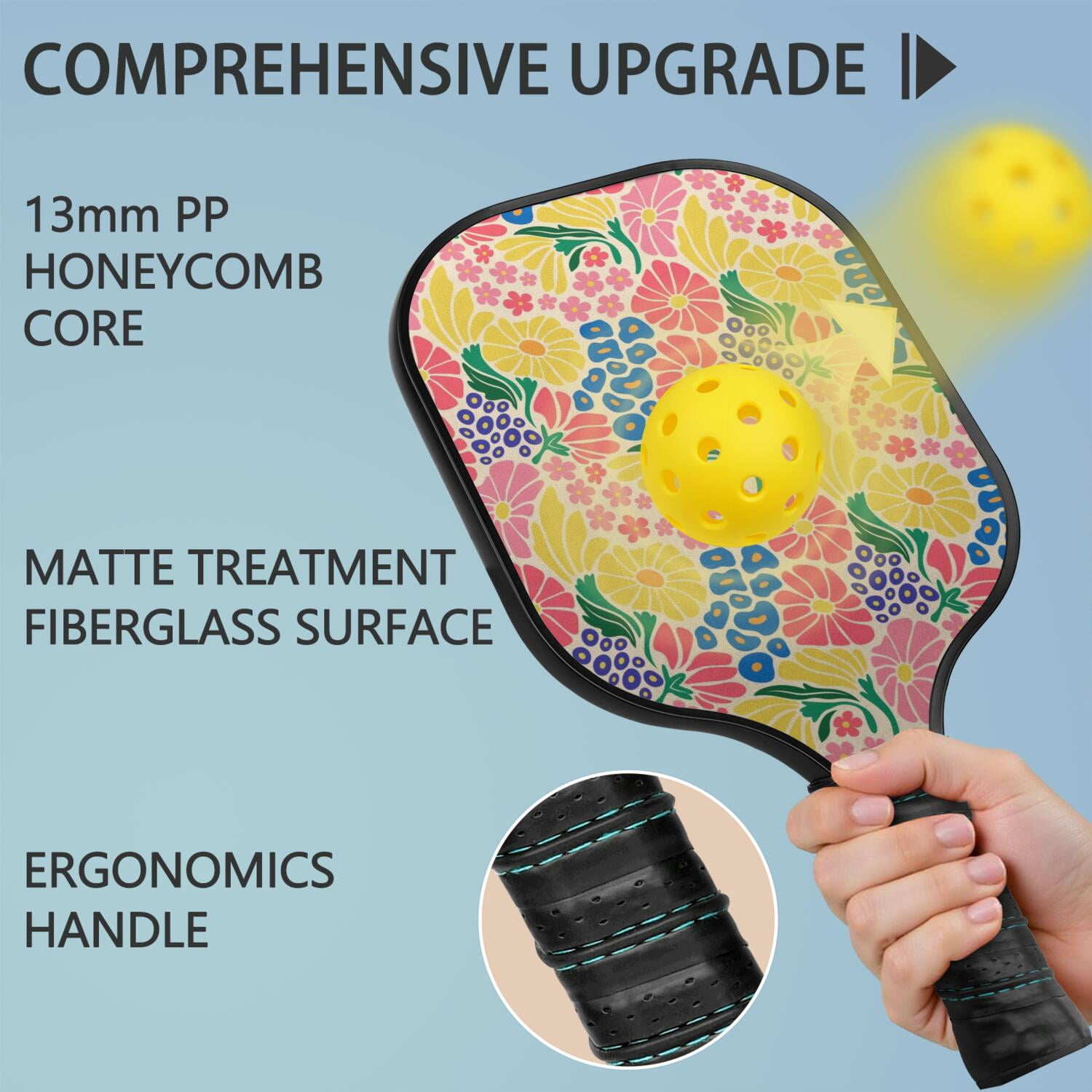 Pickleball Paddles Set Of 2, Fiberglass Surface, Spring Floral Print, 4 Balls & Bag