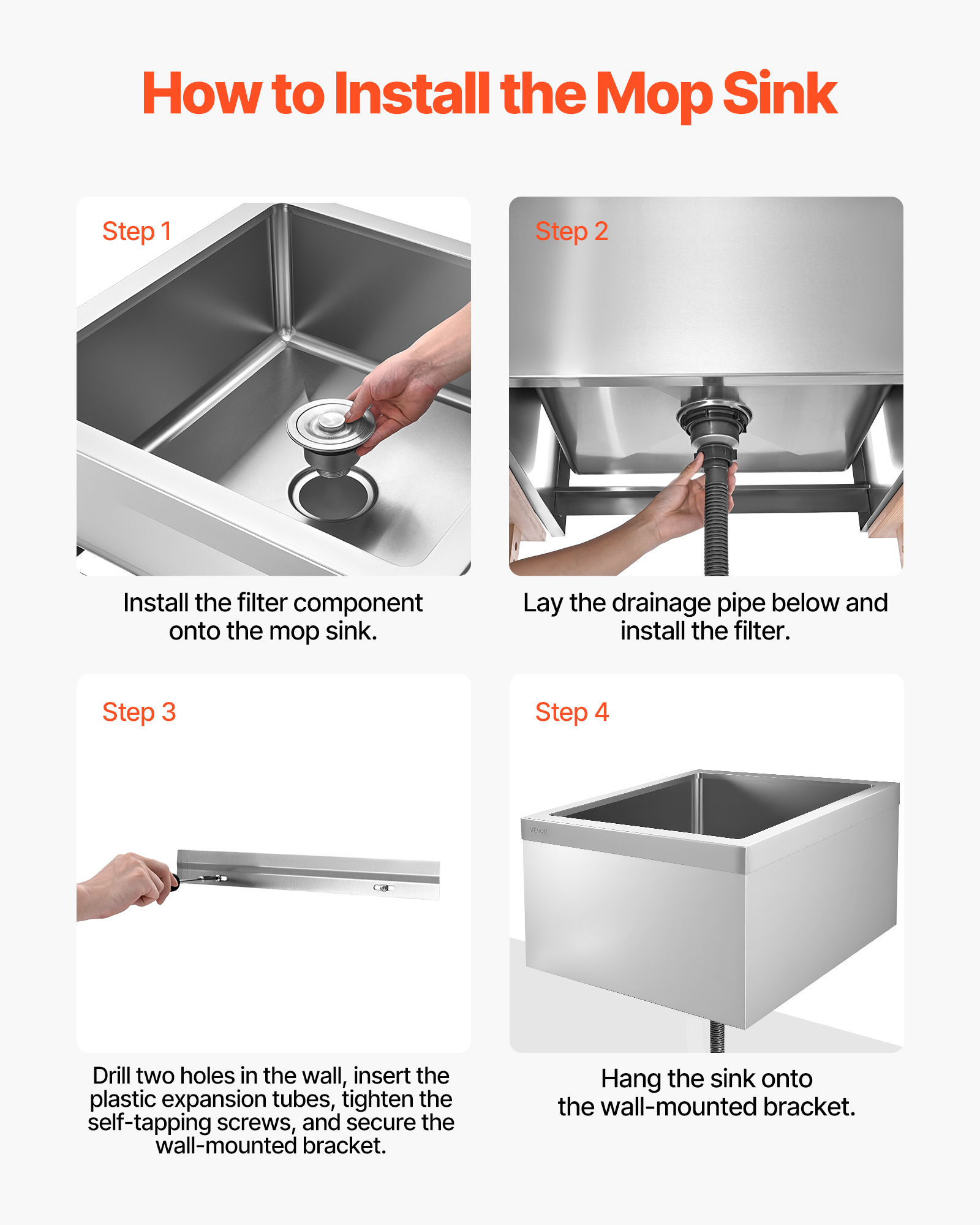 VEVOR Stainless Steel Floor Mop Sink, 24 x 24 x 13 in, 304 Stainless Steel, with 3-in-1 Filter and Wall-Mounted Bracket, X-Shaped Groove for Quick and Smooth Drainage, for Balcony and Bathroom