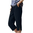 thumbnail image 4 of vigerkar Women's Cotton Wide Leg Pants Capri Elastic Waist Drawstring Loose Trendy Capris Trousers with Pockets Navy, S, 4 of 5