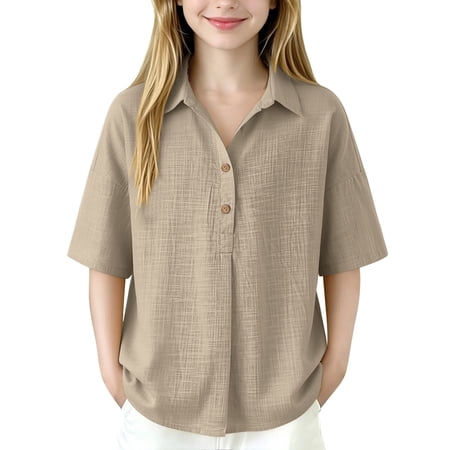 GiLiling Girls Linen Button Down Shirt 3/4 Sleeve Ruffle Top Casual V Neck Summer Vacation Blouse (Black 11-12 Years)