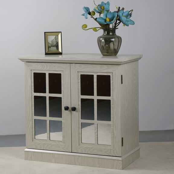 CQSXDA 3D Wood Grain Storage Sideboard Cabinet With 2 Acrylic Mirrored Doors And Adjustable Shelf For Living Room, White