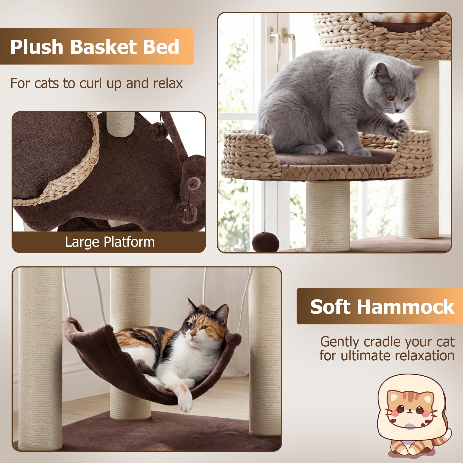 Costway Modern Cat Tree Tower with Natural Sisal Scratching Posts Hammock Balls for Kittens Brown
