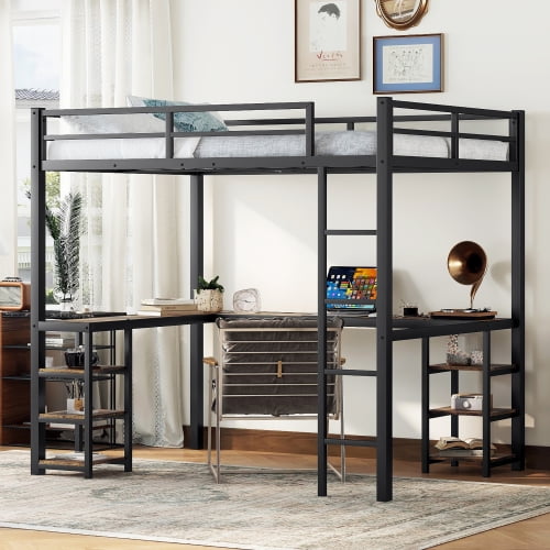 Full Loft Bed with L-Shaped Desk,Heavy Duty Metal Loft Bed Frame with Ladder and Shelf for Kids, Adults, Space Saving Design,Black