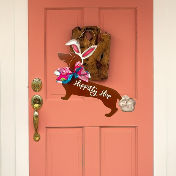 Letrero Colgante Dachshund Adorno de madera para puerta de Dachshund, cartel colgante de perro de Pascua, decoración del hogar (marrón)