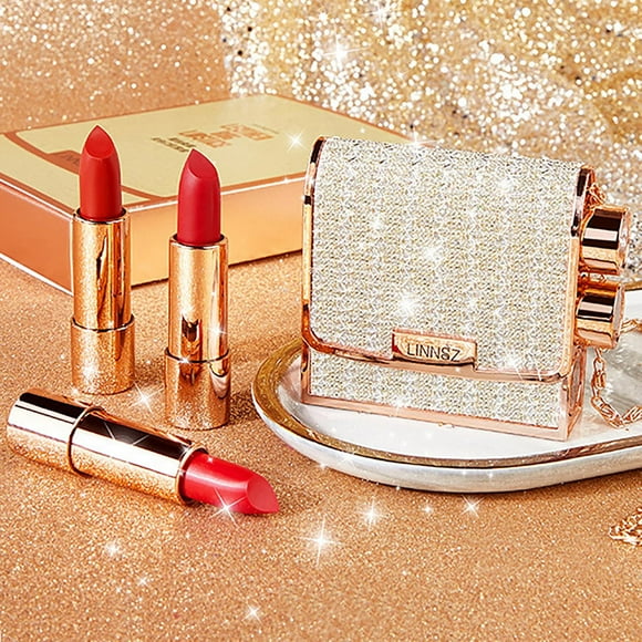 TopLLC Lipstick Matte Lipstick Set 3 Colors Lip Stick With Sliver Chain Bag Package Velvet Lip Stick Gift Box Set Non-Stick Cup Long Lasting Retractable Red Lipstick Matte LipStick
