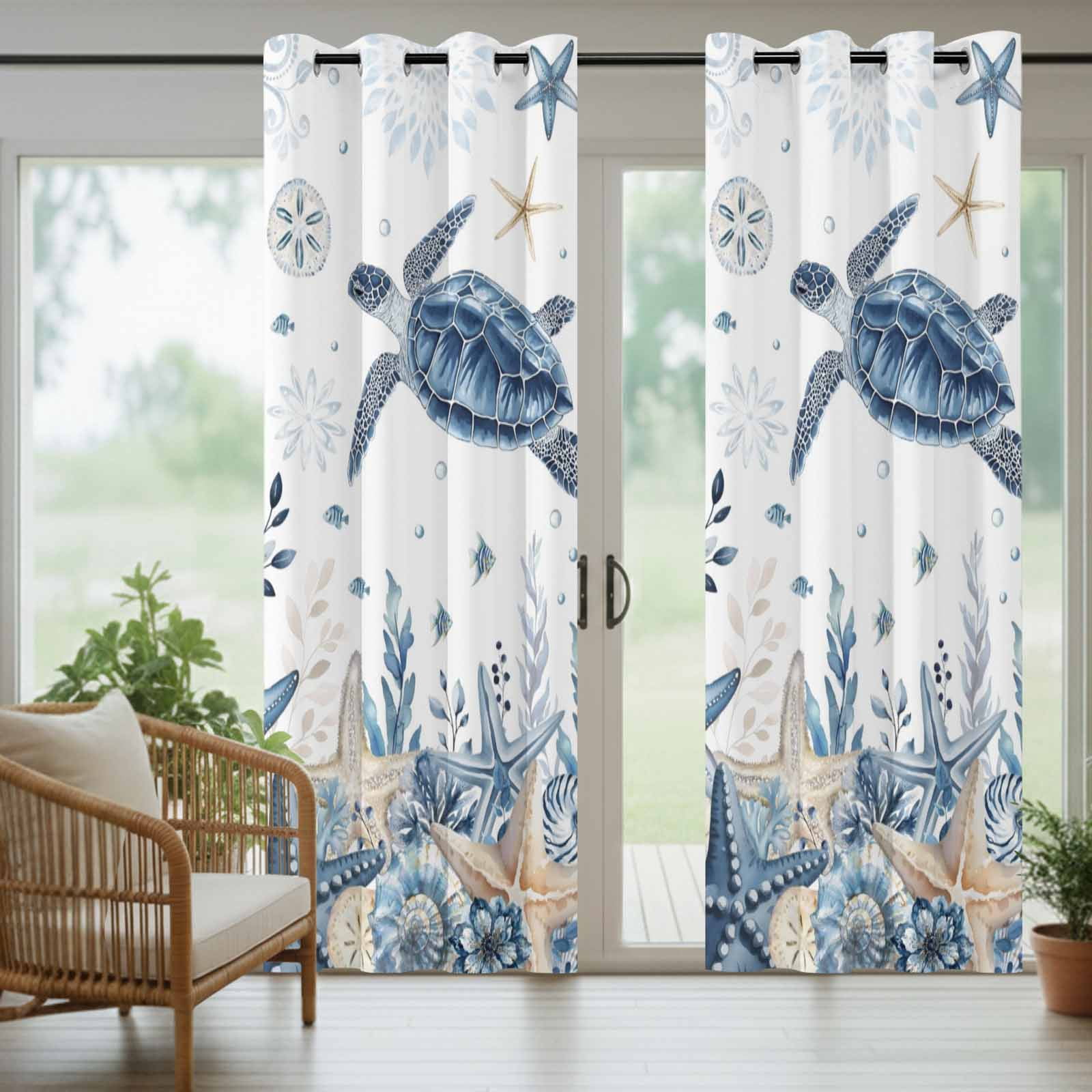 Ocean Turtles Outdoor Curtains for Patio, Blue Yellow Sea Star Shell Coral Sunshade Privacy Drapes Grommet Waterproof Outside Curtains for Porch/Cabana/Balcony 54"x 108", 1 Panel