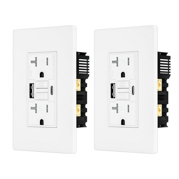 20AMP GFCI Outlet with 4.8A/24W Type A & Type C USB Charging Ports, Self-Test, Tamper Resistant, GFCI Receptacle Outlet, Screwless Wall Plate Include, ETL Listed, White 2Pack