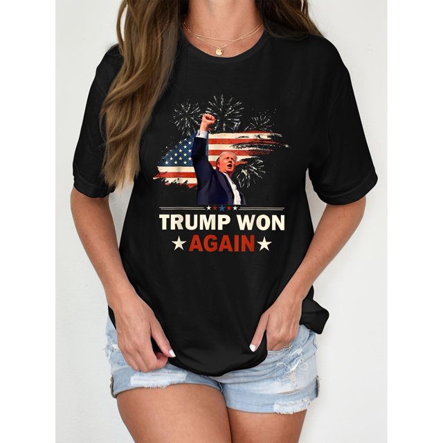 Camiseta Para Mujer De Verano Para Uso Diario, Viajes, DesplazamientosTrump 2024 Victory Pattern Women's T-Shirt - Comfortable Cotton Crew Neck Short Sleeve Sweatshirt, Machine WashableFather's Day,