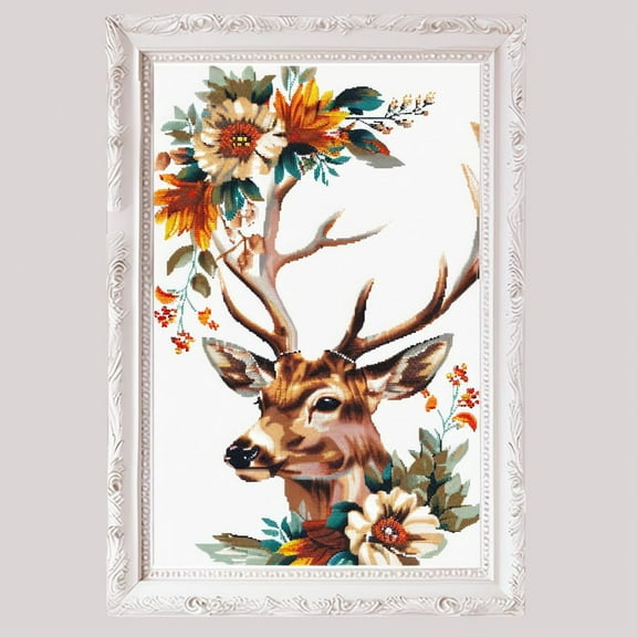 Floral Deer DIY 11CT Stamped Cross Stitch Kits for Beginners Easy Needlepoint Embroidery Counted Cross Stitch Art Craft for Wall Decoration 12x16inch(1)