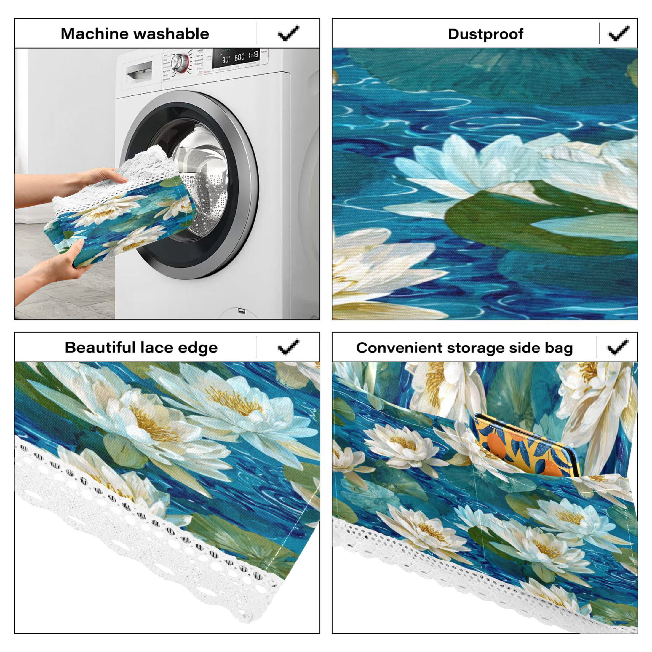 Wobogo White Water Lilies Float Washing Machine Cover Dustproof Washer Dryer Cover Waterproof Laundry Room Decorative Protector