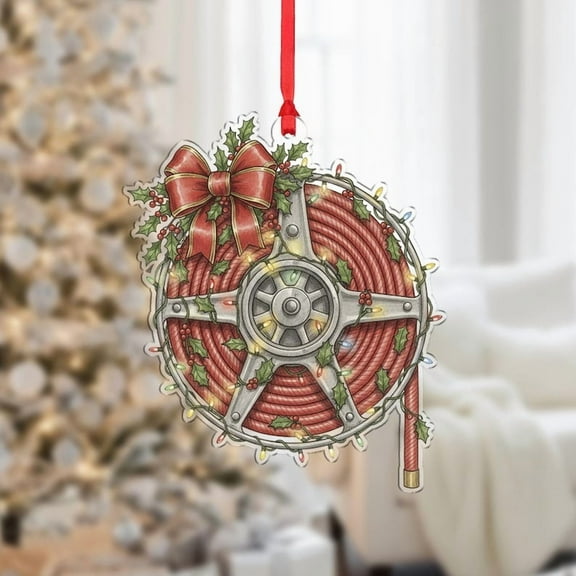 TiniDecor Fire Hose Reel Ornament 2025, Red Acrylic Christmas Tree Decoration, Firefighter Gift