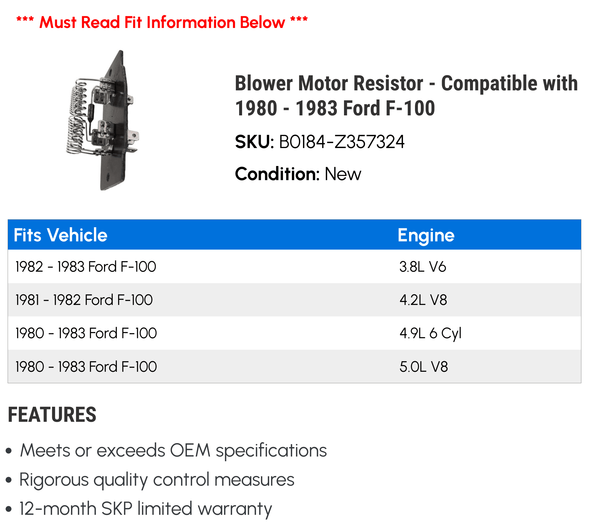 Blower Motor Resistor - Compatible with 1980 - 1983 Ford F-100 1981 1982