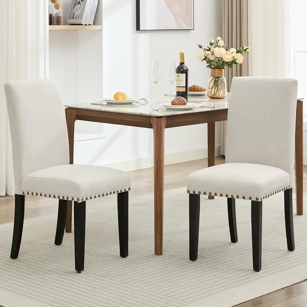 Set of 2 beige nailhead fabric forrado dining sillas con heavy - duty wood legs para dining room