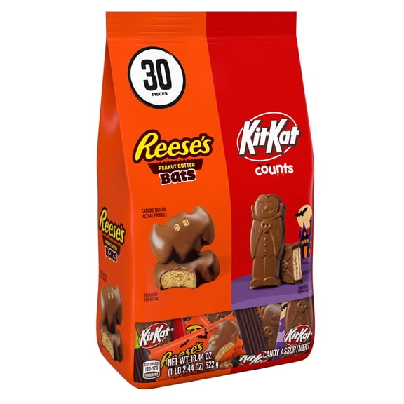Kit Kat and Reese's Assorted Milk Chocolate, Halloween Candy Bag, 18.44 oz (30 Pieces)