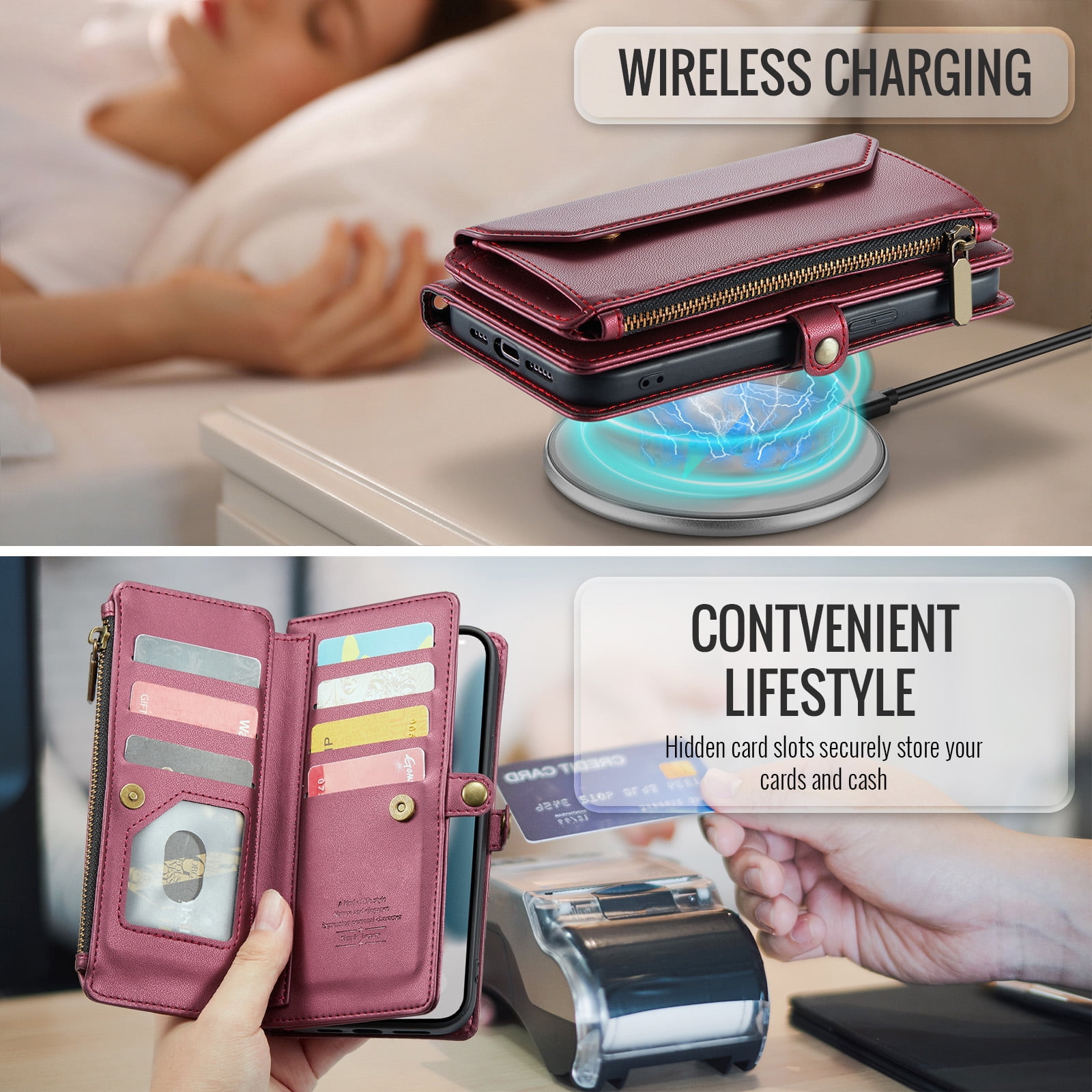 Compatible with iPhone 15 Pro Max 6.7 inch Zipper Wallet Phone Case Tempered Glass Screen Protector Crossbody Lanyard Strap Flip Card Holder Slot Cell Cover for i P15 15Pro i15 ProMax Women Wine Red