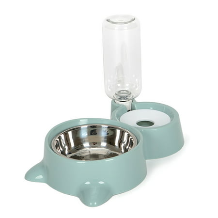 Pet Dual-bowls Automatic Food Feeder Water Fountain No-Wet Mouth for Dog Cat Dispenser blue