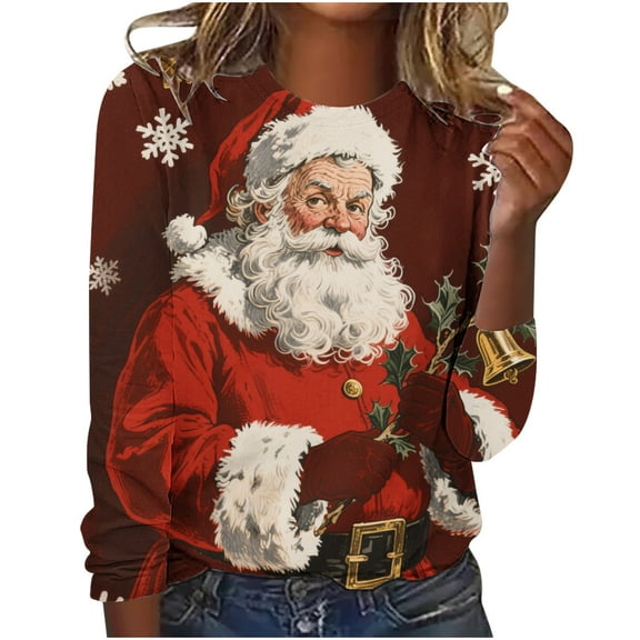 successthop Womens Christian Funny Shirts Santa Plus Size Long Sleeve Tee Lightweight Crewneck Top Print Clothes Red 4XL