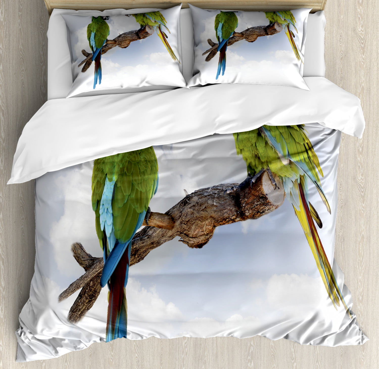 Jungle Plant Leaf Flower Macaw Parrot Print Bedding Duvet Cover Set+Pillow Case 
