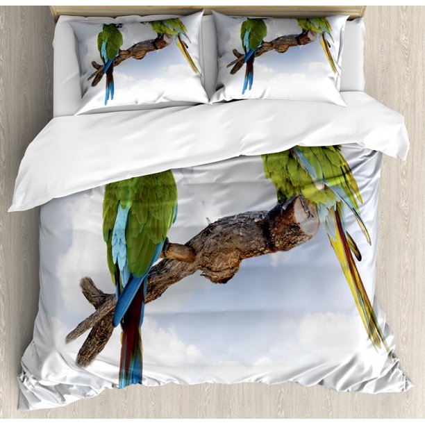 Parrot King Size Duvet Cover Set, Two Parrot Macaw on a Branch Talking