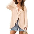 thumbnail image 5 of Rciityk Beige Women's Long Sleeve Cardigan Casual Ruffle V-neck Tie Solid Cardigan Fall Lightweight Open Front Cardigan, 5 of 5