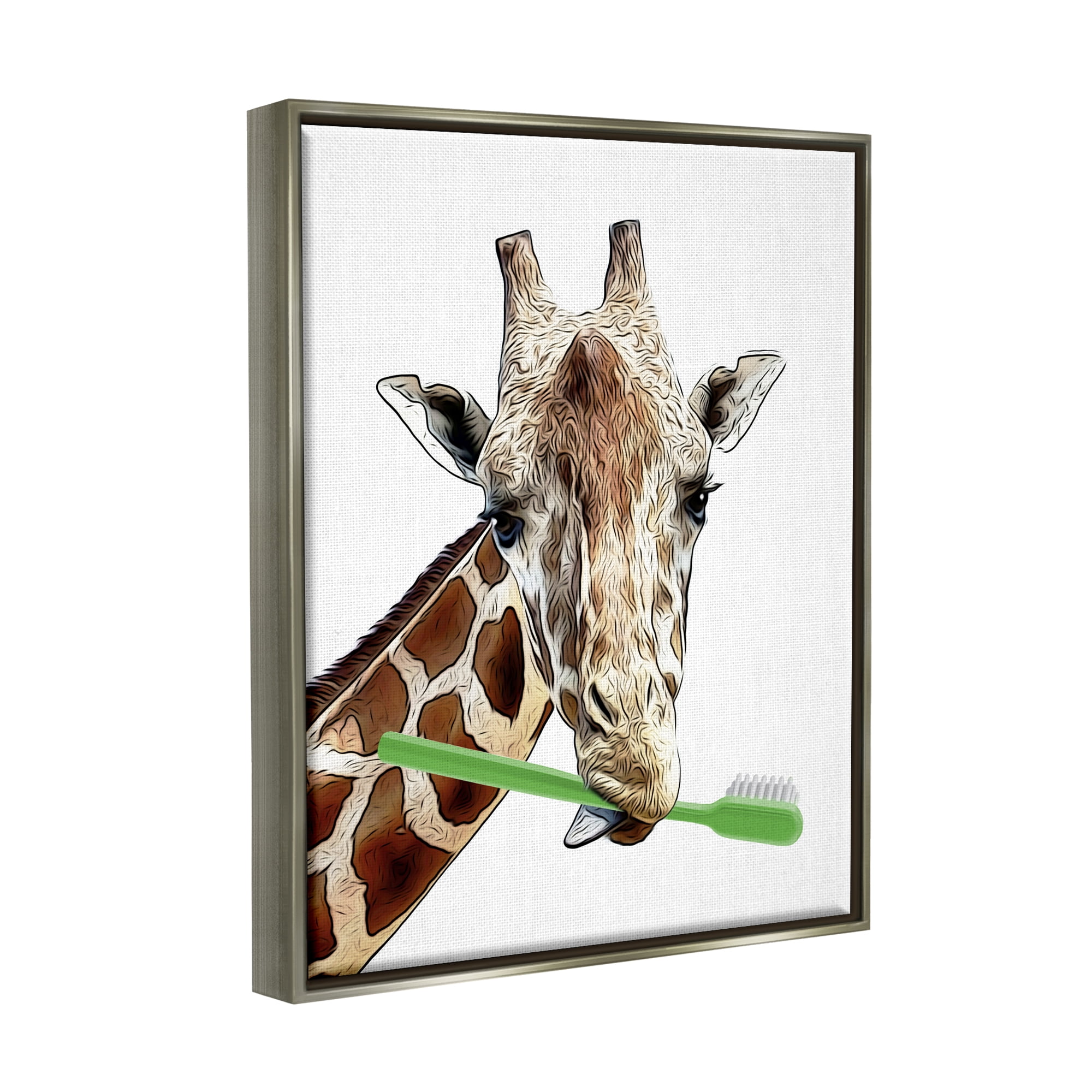 Stupell Industries Giraffe Green Toothbrush Bathroom Animals & Insects Painting Gray Floater Framed Art Print Wall Art