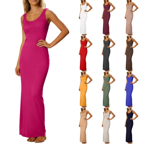 YuXingFu Wedding Guest Dresses for Women Maxi Crew Neck Plus Size Womens Dress Sleeveless Solid Color Slim Fit Long Casual Summer White S