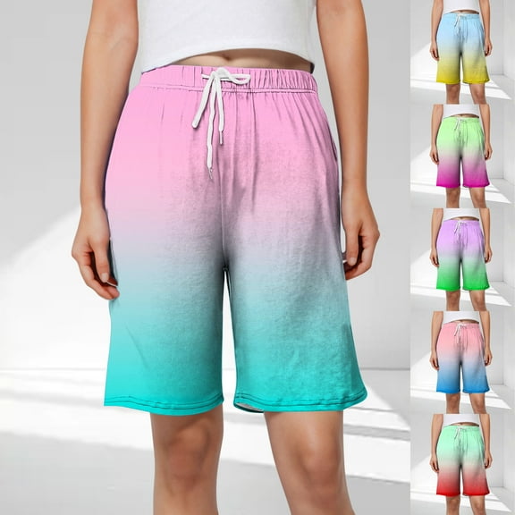 Simua Women's Knee Length Shorts Graident Printed Casual Elastic Waist Drawstring Pockets Bermuda Shorts for Women