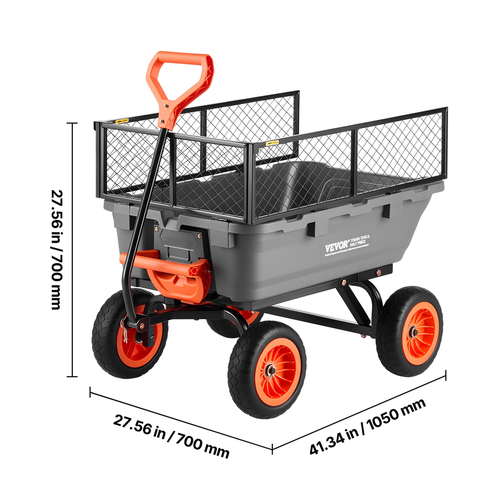 VEVOR Garden Dump Cart, 800 lbs Poly Dump Cart, Garden Carts Dumps Wagon with Storage Fence, 90° Quick-Dumps Mechanism, 180° Swivel Wheels, 90° Rotating Handle, Yard Wagon for Plants, Soil, Crops
