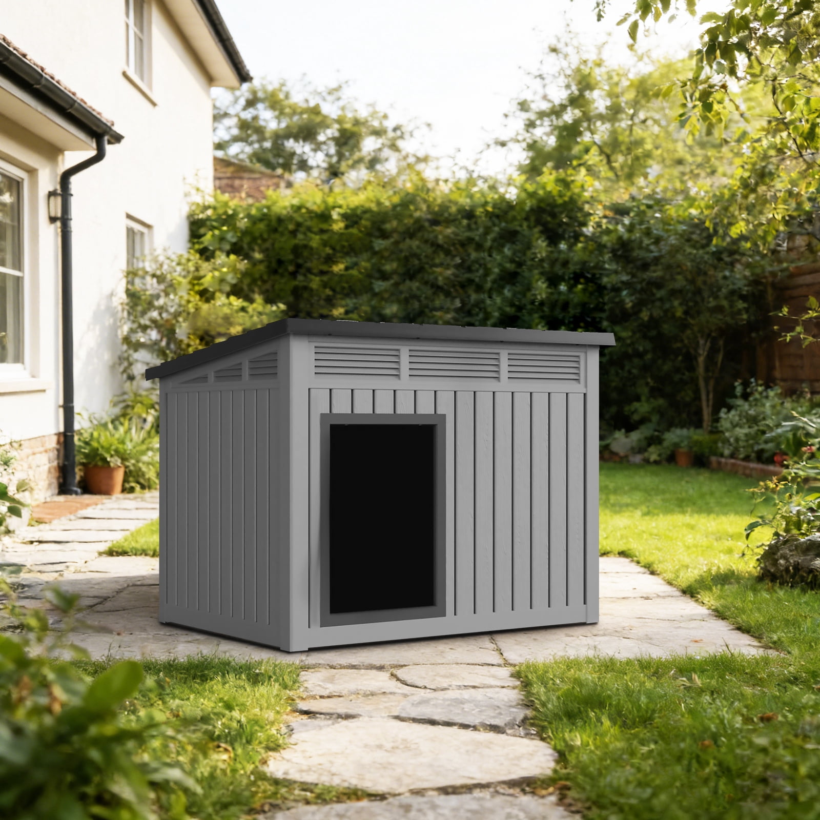 LEDMOMO Dog House for Large Dogs Outdoor with Slanted Roof Weatherproof PP Plastic Durable Shelter