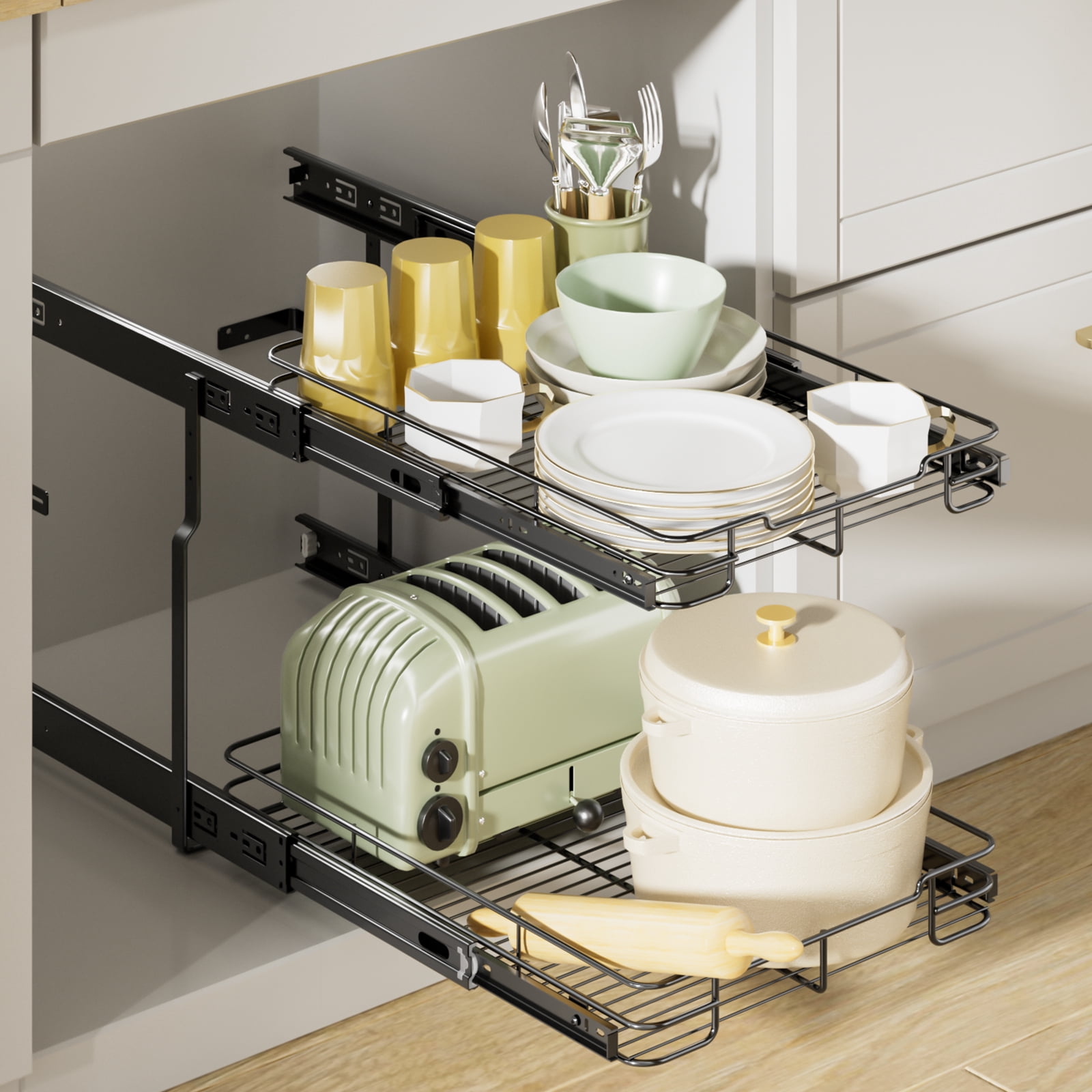 ORDORA 2 Tier Pull Out Cabinet Organizer, Heavy Duty Shelves for Kitchen Bathroom, Slide Out Chrome Steel Shelf Organizer Black