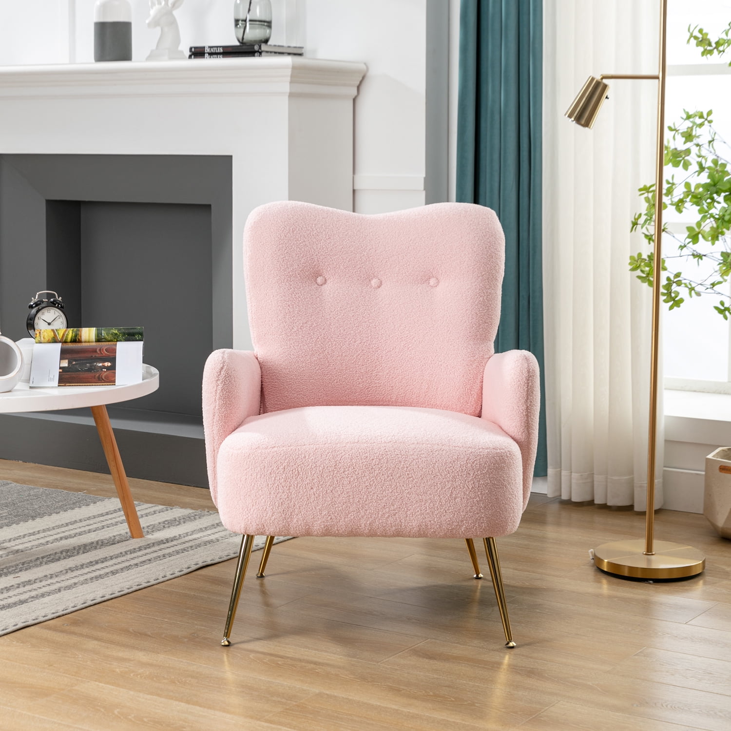 Kadyn Modern Teddy Short Plush Particle Armchair, Altay Velvet Accent Chair with Golden Metal Legs and High Back, Upholstered Accent Lounge Chair for Living Room, Pink