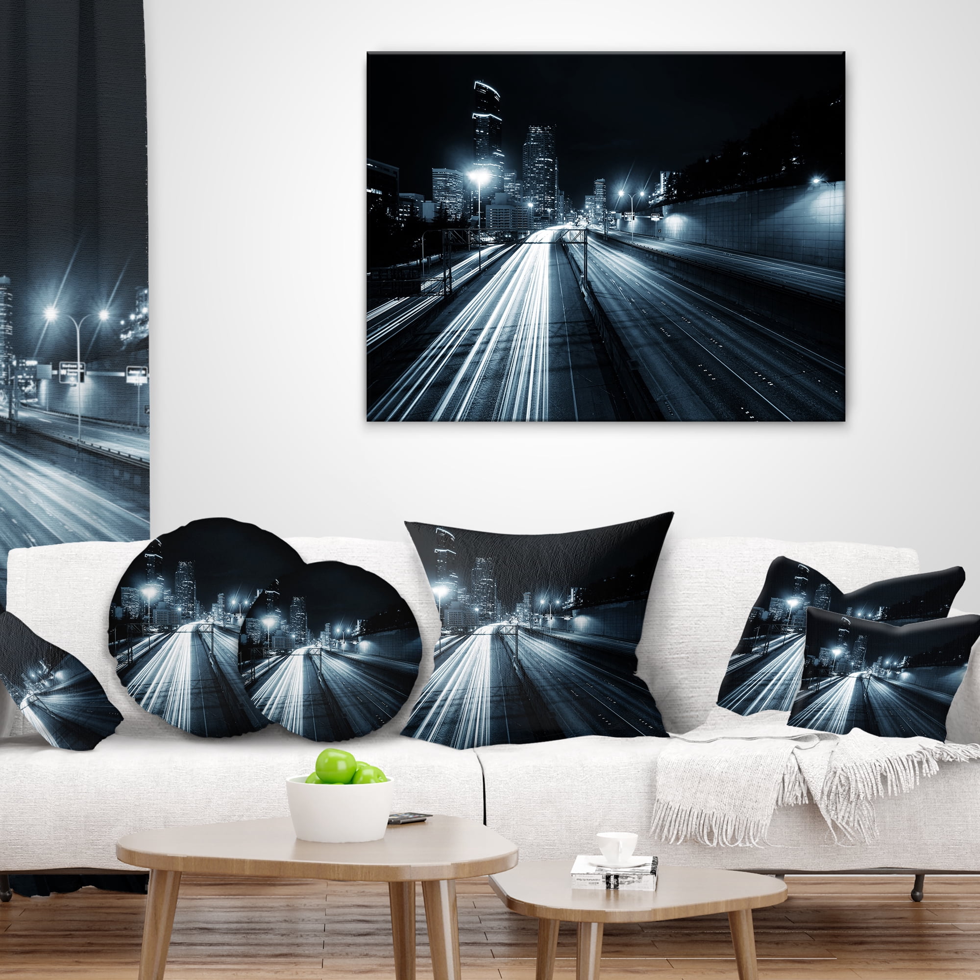 Designart Illuminated Traffic Trail in Downtown Seattle - Cityscape Throw Pillow - 18x18